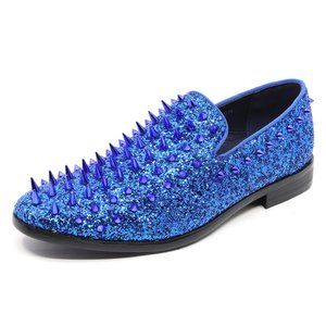 Blue Men's Spiked Designer Classic Smoking Dress Tuxedo Loafers Slip On Shoes
